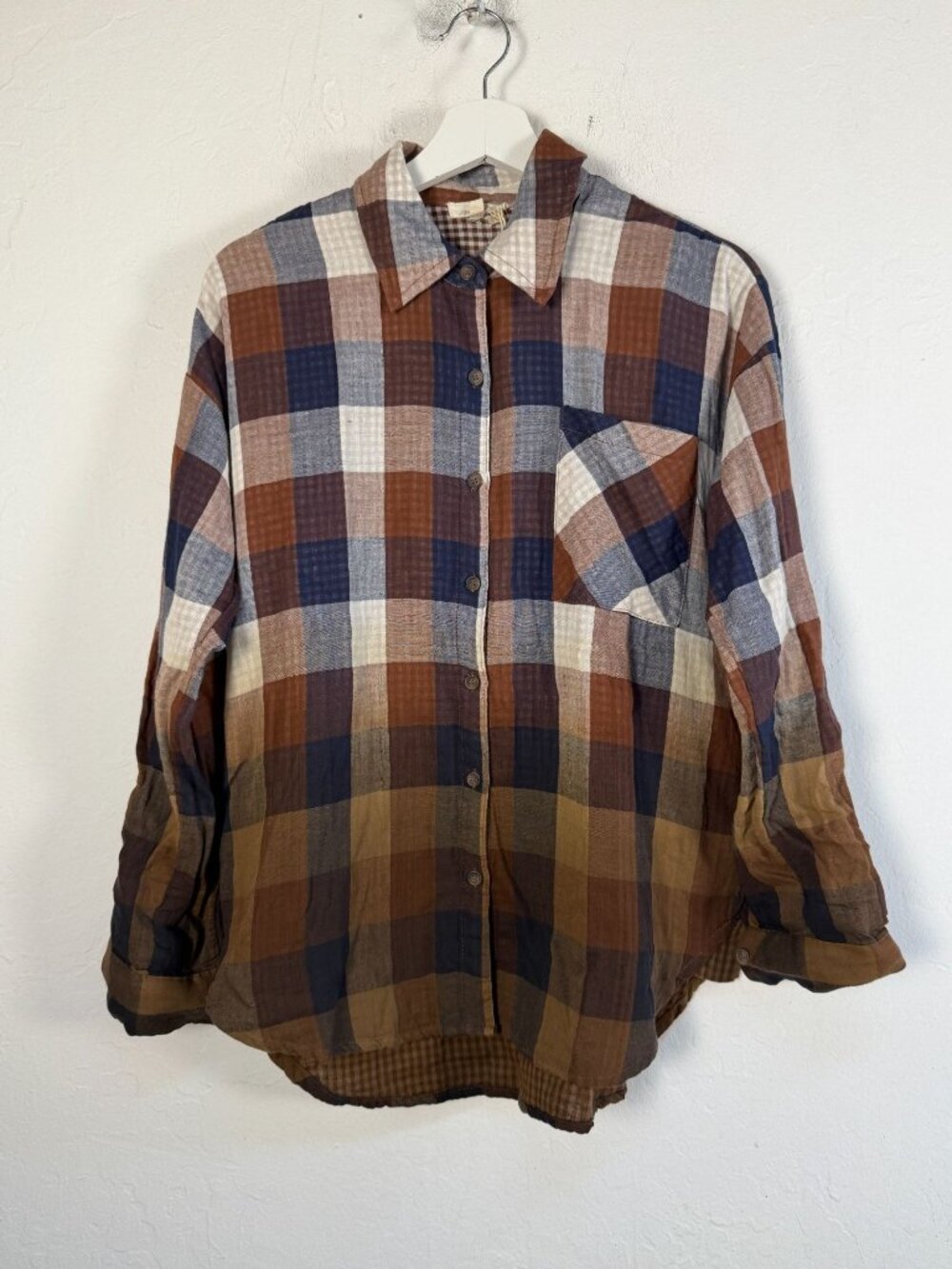Mystree Women Flannel Plaid Button Down Shirt Small Brown Navy Cotton Pocket New